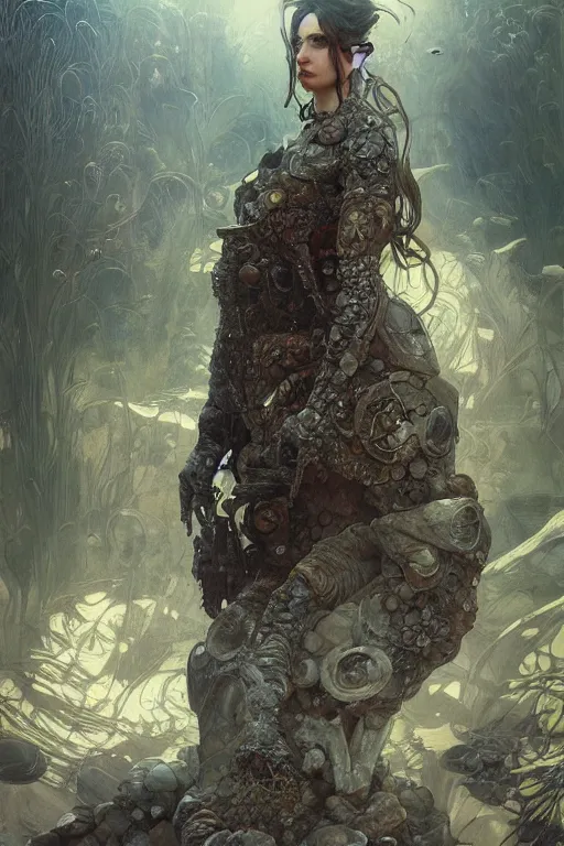 Image similar to a full body portrait of a beautiful post apocalyptic offworld neoicelandic biofarmer swimming by the fish tank, intricate, elegant, highly detailed, digital painting, artstation, concept art, smooth, sharp focus, illustration, art by krenz cushart and artem demura and alphonse mucha