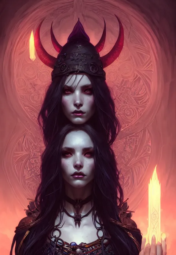 Prompt: Necromancer Sorceress in center, fantasy magic, undercut hairstyle, dark light night, intricate, elegant, sharp focus, illustration, highly detailed, digital painting, concept art, matte, art by WLOP and Artgerm and Greg Rutkowski and Alphonse Mucha, masterpiece