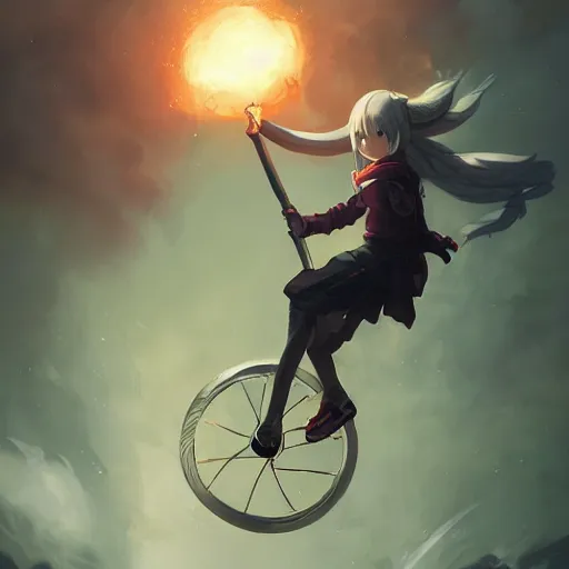 Image similar to a super cute demon riding a unicycle, anime, manga, kawaii, magical world, by greg rutkowski, sung choi, photo realistic, 8 k, cinematic lighting, hd, atmospheric, hyperdetailed, trending on artstation, devainart, digital painting, glow effect