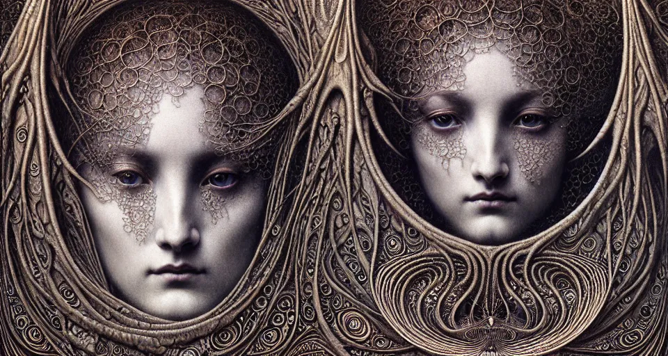 Image similar to detailed realistic beautiful moon goddess face portrait by jean delville, gustave dore, iris van herpen and marco mazzoni, art forms of nature by ernst haeckel, art nouveau, symbolist, visionary, gothic, neo - gothic, pre - raphaelite, fractal lace, intricate alien botanicals, ai biodiversity, surreality, hyperdetailed ultrasharp octane render