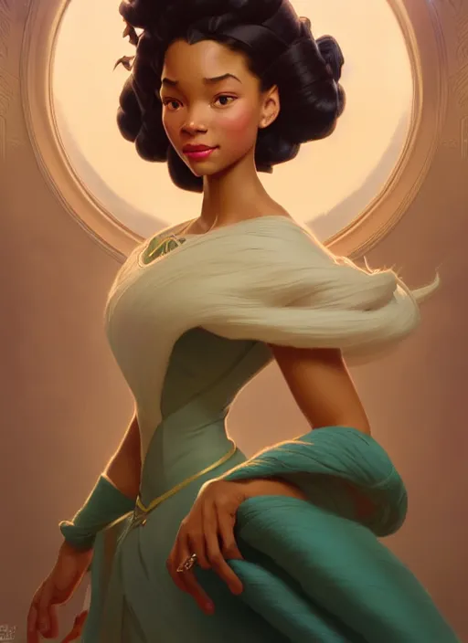 Image similar to portrait of disney tiana, intricate, elegant, highly detailed, my rendition, digital painting, artstation, concept art, smooth, sharp focus, illustration, art by artgerm and greg rutkowski and alphonse mucha and uang guangjian and gil elvgren and sachin teng, symmetry!!