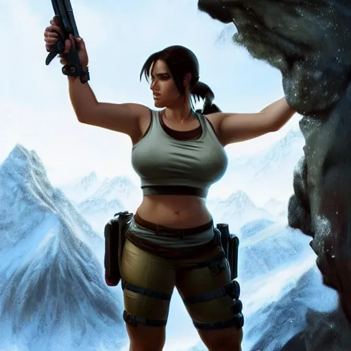 Prompt: perfectly-centered-full-shot photo of thicc lara croft, snowy mountains, big bust, intricate, elegant, super highly detailed, professional digital painting, artstation, concept art, smooth, sharp focus, no blur, no dof, extreme illustration, Unreal Engine 5, 8K, art by artgerm and greg rutkowski and alphonse mucha and loish and WLOP