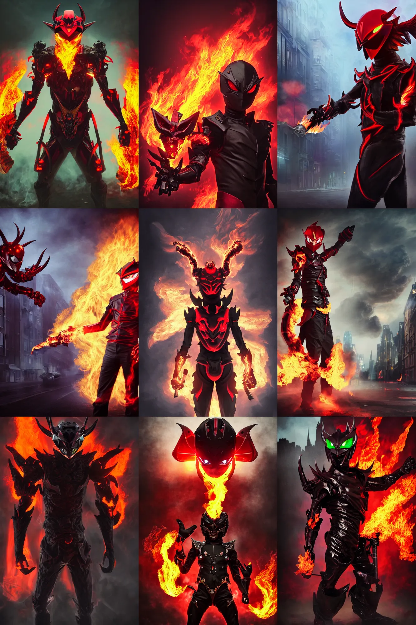 Prompt: character portrait of a demonic kamen rider monster with a demon helmet and fire eyes doing a henshin pose standing in a city street, wielding fire, monster made out of fire in the background, matte painting, dramatic lighting, 8 k, rubber suit, digital painting, concept art, muted colors, red colors, moody colors, broken pipes, in the style of frank frazetta