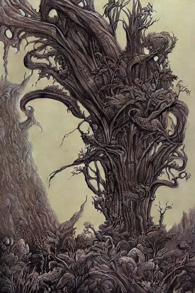 Image similar to an incredible illustration morning on a beautiful alien planet with strange trees and flowers, by hr giger, richard corben, zdzisław beksinski, moebius, hieronymus bosch and francis bacon, trending on artstation, highly detailed