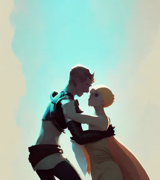 Prompt: portrait of anders from dragon age hugging a beautiful woman by atey ghailan, by greg rutkowski, by greg tocchini, by james gilleard, by joe fenton, by kaethe butcher, dynamic lighting, gradient light blue, brown, blonde cream and white color scheme, grunge aesthetic