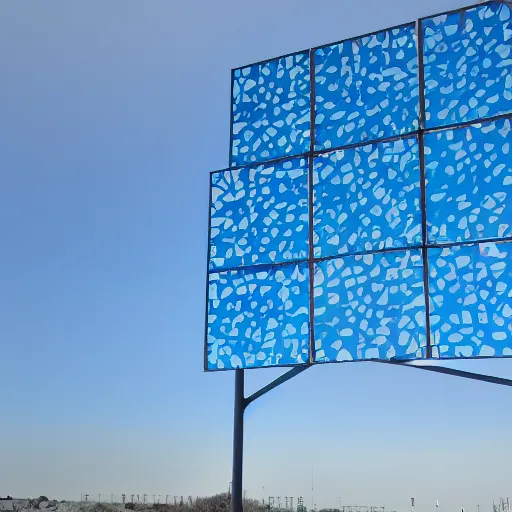 Prompt: Giant Block shaped screens displaying blue sky