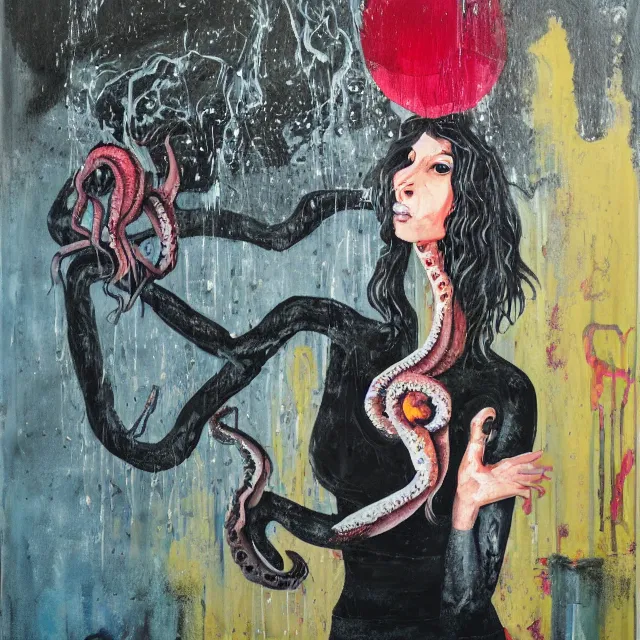 Image similar to a portrait in a dark cafe, a woman holding an octopus, streetlamps, wet, puddles, wild berries, rats, ikebana, neo - expressionism, surrealism, acrylic and spray paint and oilstick on canvas