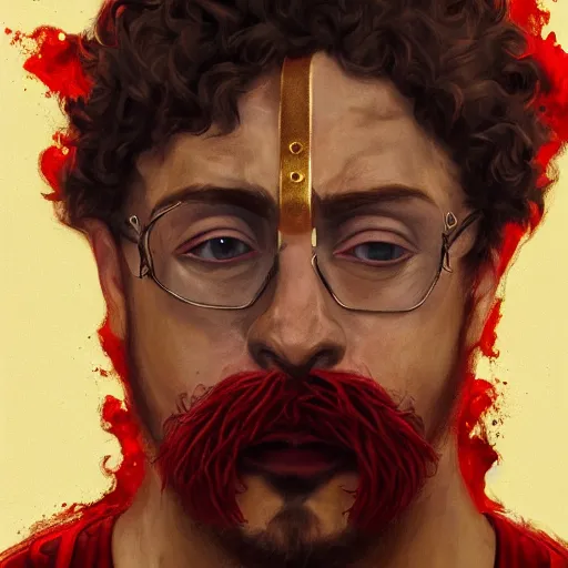 Image similar to Sam Hyde as a Roman warrior wearing gold and red armor, elegant suit, looking at bloody fist, portrait art by James Jean, highly detailed, digital painting, concept art, illustration, dim lighting with twilight rays of sunlight, trending on artstation, very detailed, smooth, sharp focus, octane render, close up