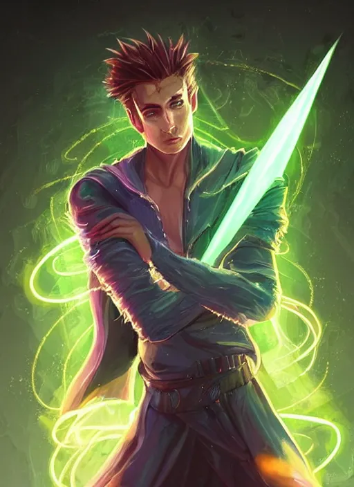 Prompt: character concept portrait of a handsome young wizard with olive skin and buzzed short spiky hairstyle casting a spell with apleasantly surprised expression. glowing runes in swirling neon light, an iridescent spell book hovering in mid-air. glowing magic dust swirling. intricate, elegant, digital painting, concept art, smooth, sharp focus, illustration, from Metal Gear, by Ruan Jia and Mandy Jurgens and Artgerm and William-Adolphe Bouguereau