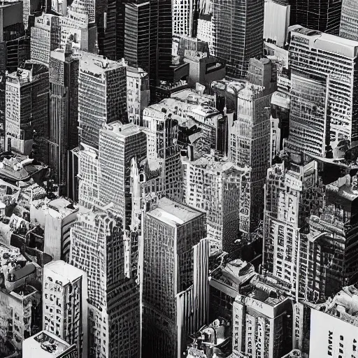 Image similar to busy city street, downtown manhattan, top down, business district, ultra realistic, black and white