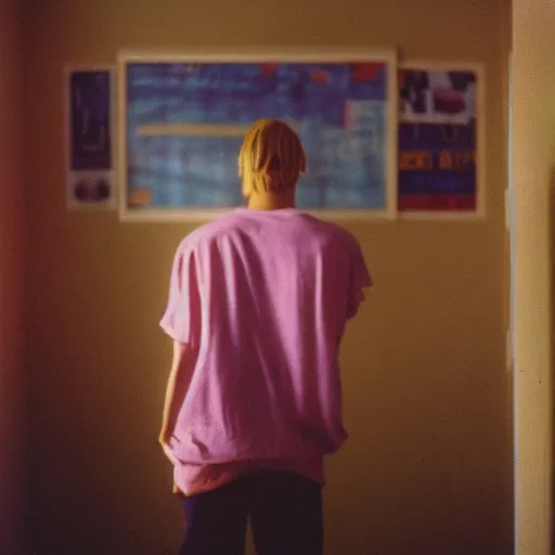 Image similar to kodak portra 4 0 0 photograph of a skinny blonde guy standing in cluttered 9 0 s bedroom, back view, moody lighting, telephoto, 9 0 s vibe, retro, blurry background, vaporwave colors, faded!,