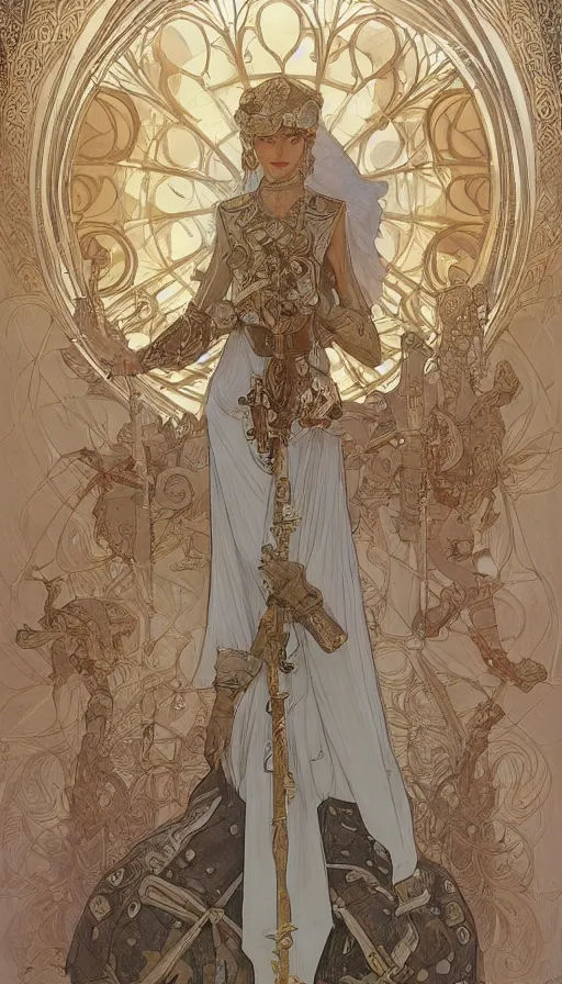 Image similar to soldiers in white armor, highly detailed, very intricate, art nouveau, gold filigree, left right symmetry, tarot concept art watercolor illustration by mandy jurgens and alphonse mucha and alena aenami, featured on artstation