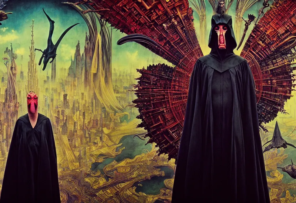 Image similar to realistic detailed portrait movie still of a birdman wearing dark robes, sci fi city landscape background by denis villeneuve, amano, yves tanguy, alphonse mucha, ernst haeckel, max ernst, ridley scott, roger dean, masterpiece, rich moody colours, cinematic, snarling dog teeth