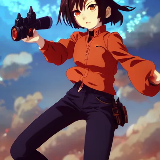 Image similar to makoto shinkai, artgerm, ilya kuvshinov, steampunk beautiful anime women, first woman with red shirt brown pants black and red hair hair, symmetrical face, symmetrical eyes, second anime woman with orange hair and black pants, action scene, shooting fire war, detailed, summer setting, cinematic lighting