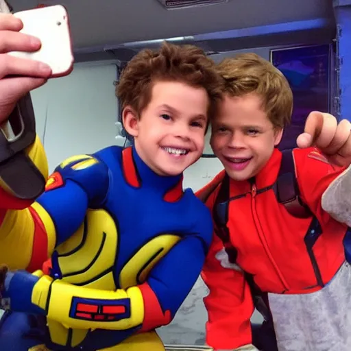 Image similar to kid danger and captain man from henry danger taking selfies