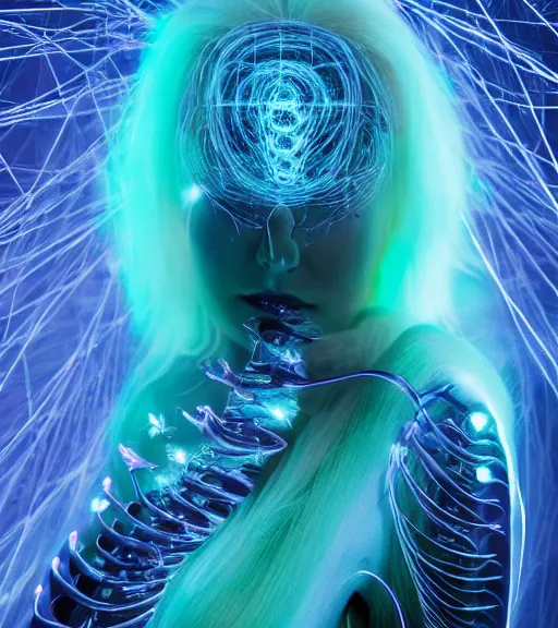 Image similar to bioluminescent long exposure light painting of a beauteous biomechanical practical sumptuous full frame photo realistic face, lifelike incredible hair, crystalline masterpiece incrustations, hyperdetailed face, elegant pose, movie still, intricate, octane render, cinematic forest lighting,