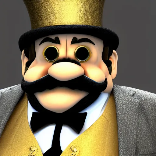 Prompt: wario from the mario series wearing a 3 piece suit with a top hat ( photo - realistic, hyperrealistic, highly detailed, hd, 4 k, volumetric lighting, ultra render image )