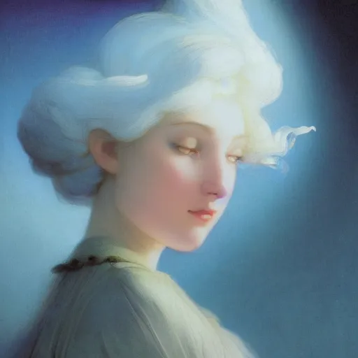 Image similar to a young woman's face, her hair is white and she wears an indigo blue satin cloak, by ivan aivazovsky and syd mead and moebius and gaston bussiere and roger dean and pieter claesz and paul delaroche and alma tadema and aelbert cuyp and willem kalf, hyperrealistic, volumetric light, octane render