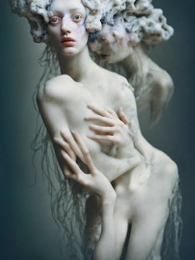 Image similar to cinestill 5 0 d photo portrait of a beautiful hybrid woman in style of tim walker by roberto ferri, weird marble body intricate detailed, hair is intricate gnarled marble, 5 0 mm lens, f 1. 4, sharp focus, ethereal, emotionally evoking, head in focus, bokeh volumetric lighting, tonal colors outdoor