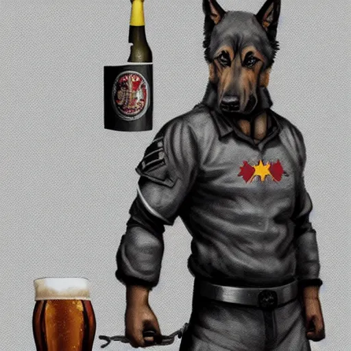 Image similar to a humanoid german shepherd beast - man in military style, holding a bottle of beer, artstation, concept art, smooth, sharp foccus ilustration, artstation