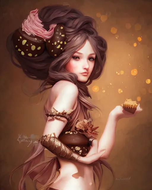 Image similar to a ( girl as personification of chocolate cupcake ), beauty portrait, fantasy bakery, digital art by krenz cushart, laurie greasly, wlop, artgerm, intricate, highly detailed, sharp focus, smooth, epic composition, joyful, unreal engine