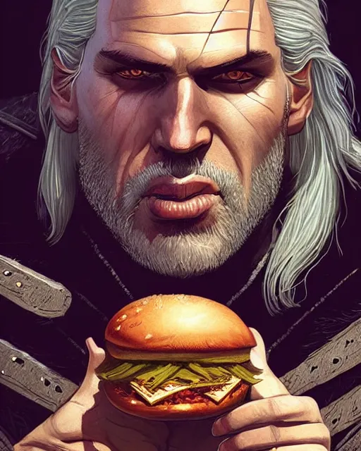 Image similar to portrait of geralt of rivia eating a hamburger, fantasy, intricate, elegant, highly detailed, digital painting, artstation, concept art, smooth, sharp focus, illustration, by artgerm and greg rutkowski