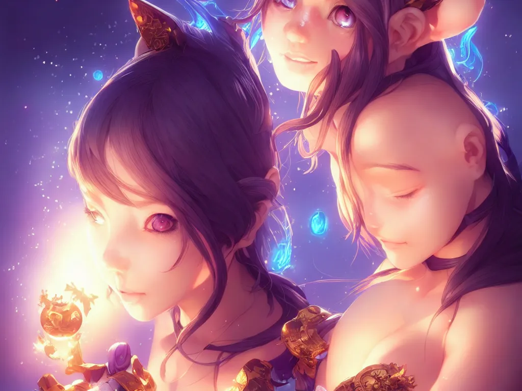 Image similar to lovely summoner girl with her magical animal compaions, occlusion shadow, specular reflection, rim light, unreal engine, artgerm, artstation, art by hiroaki samura and ilya kuvshinov and ossdraws, high quality, intricate detailed 8 k, fantasy illustration, extremely beautiful and aesthetic shape of face and body, movie poster