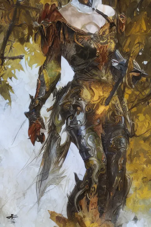 Prompt: female elven hunter armor made of yellow leaves, fantasy, amber eyes, face, long hair, intricate, elegant, highly detailed, digital painting, artstation, concept art, smooth, sharp focus, illustration, art by artgerm and greg rutkowski and alphonse mucha