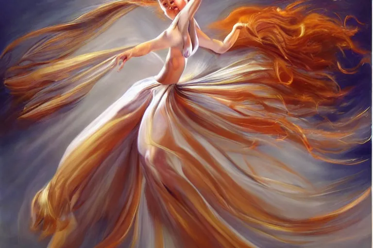 Image similar to a dancer with swirling hair is in the wind by julie bell, trending on artstation