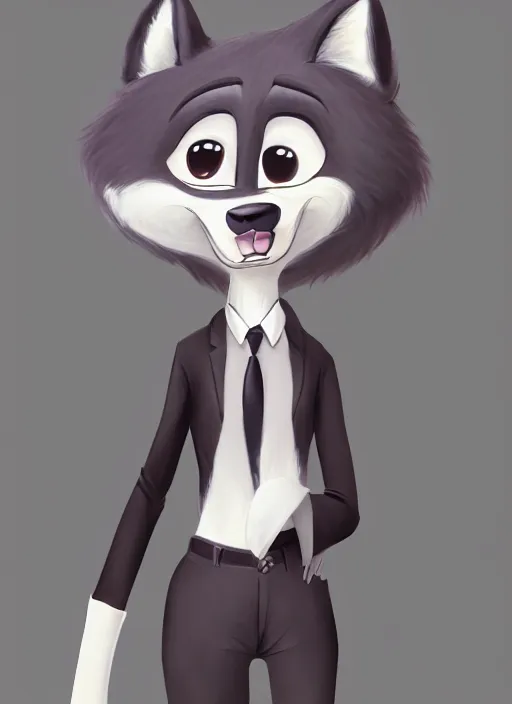 Image similar to oil painting of anthromorphic female wolf, in style of zootopia, female fursona, furry, furaffinity, 4 k, deviantart, furry art, fursona art, wearing black business suit, business suit, wolf fursona, female, very expressive detailed feminine face,