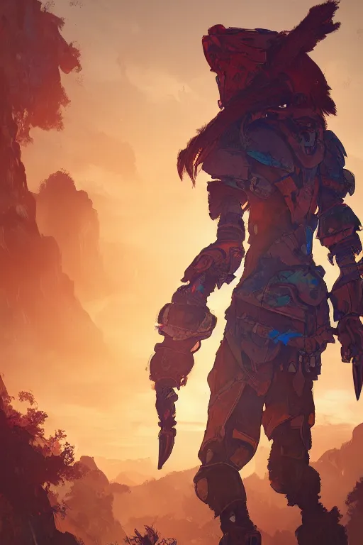 Image similar to combination suit armor aloy horizon forbidden west horizon zero dawn radiating a glowing aura global illumination ray tracing hdr fanart arstation by ian pesty and alena aenami artworks in 4 k tribal robot ninja mask helmet backpack