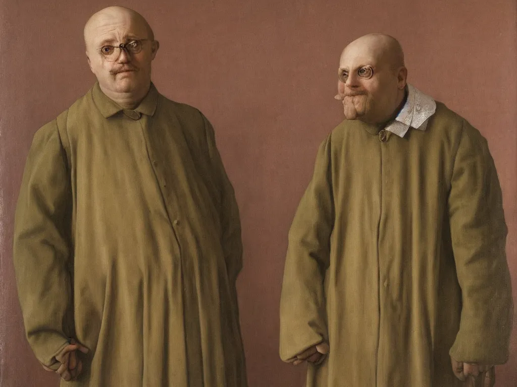 Image similar to portrait of a middle aged blind man. 21 th century clothes. Painting by Jan van Eyck, August Sander.