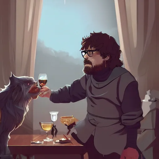 Prompt: George R.R. Martin as Tyrion Lannister wearing glasses with grey hair petting a dire wolf and raising a glass of wine, ambient lighting, 4k, anime key visual, lois van baarle, ilya kuvshinov, rossdraws, artstation