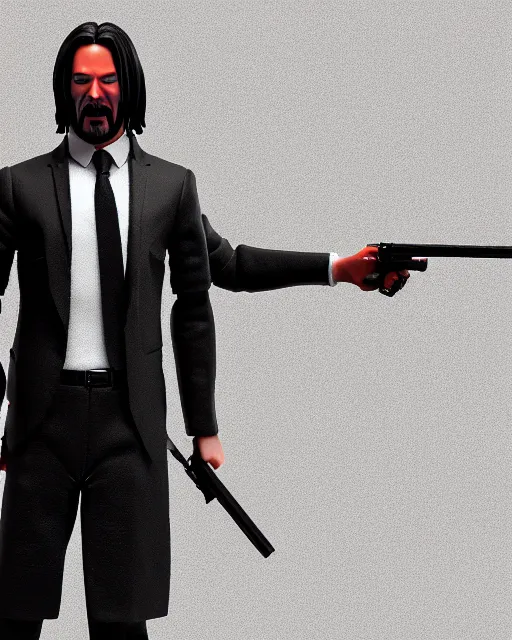 Image similar to full body 3d render of John Wick as a stylized action figure, studio lighting, white background, blender, trending on artstation, 8k, highly detailed