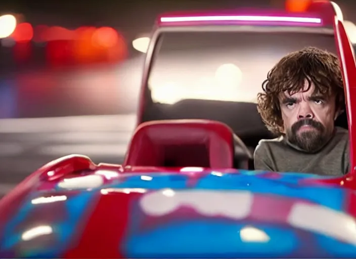Image similar to peter dinklage driving a little tikes car at night, movie still, from the new fast and furious movie, 8 k, realistic