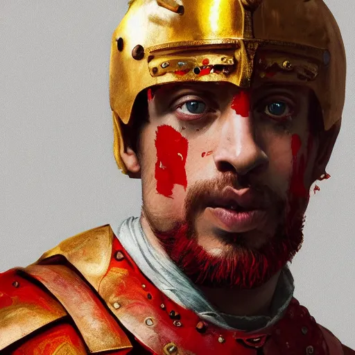 Image similar to Sam Hyde as a Roman warrior wearing gold and red armor, elegant suit, looking at bloody fist, portrait art by James Jean, highly detailed, digital painting, concept art, illustration, dim lighting with twilight rays of sunlight, trending on artstation, very detailed, smooth, sharp focus, octane render, close up