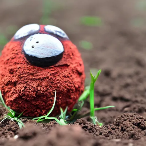 Prompt: photo of a ball of dirt with tiny legs, round blue eyes, a red clown nose, and a cute smile, creature made of dirt and soil