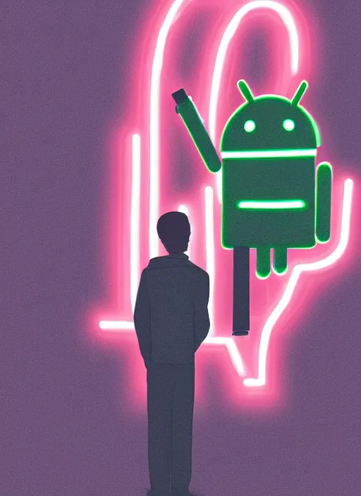 Image similar to Android wearing a school uniform, smoking a cigarette while standing on street corner lit by a neon sign”, full body shot, Digital art, detailed, anime