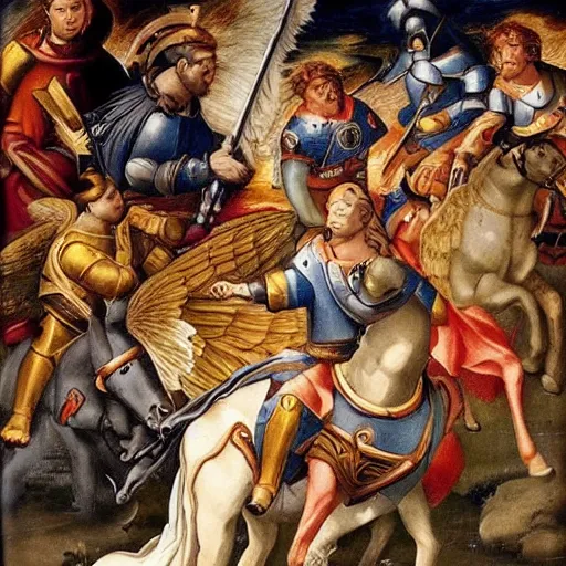 Prompt: paladins in plate armor riding into hell, fighting demons, with an angel with a sword flying over them, renaissance painting