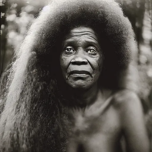 Image similar to old afro woman in the woods, close - up photograph, by sally mann