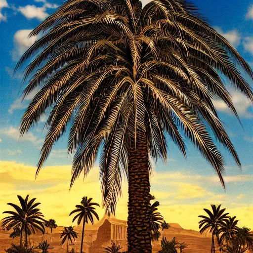 Image similar to old testament Court of Deborah under palm tree, cinematic, establishing shot, extremely high detail, shining, photo realistic, cinematic lighting, intricate line drawings, 8k resolution