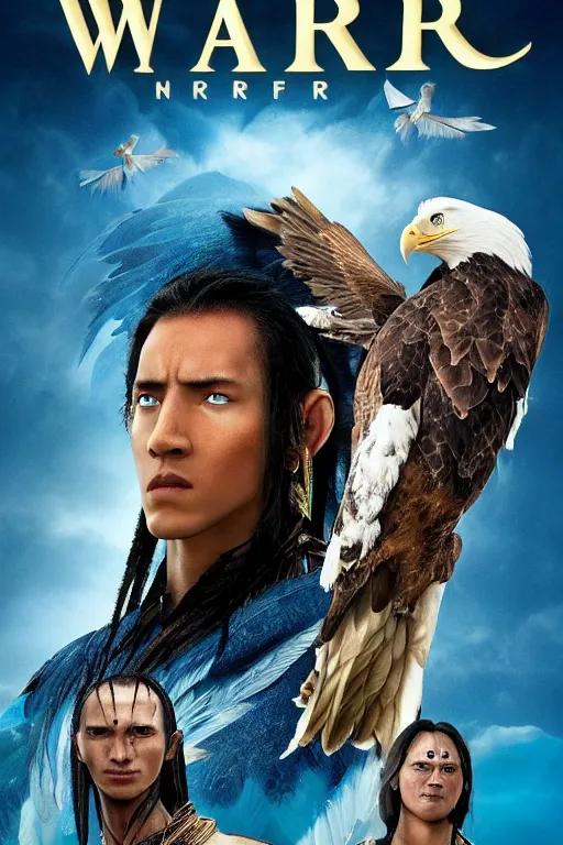 Image similar to a warrior princes with blue skin and a face of an eagle, avatar movie poster