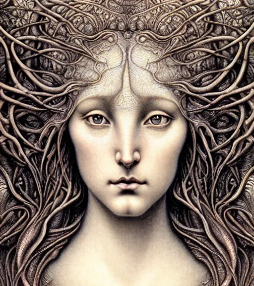 Image similar to detailed realistic beautiful mermaid goddess face portrait by jean delville, gustave dore, iris van herpen and marco mazzoni, art forms of nature by ernst haeckel, art nouveau, symbolist, visionary, gothic, neo - gothic, pre - raphaelite, fractal lace, intricate alien botanicals, ai biodiversity, surreality, hyperdetailed ultrasharp octane render