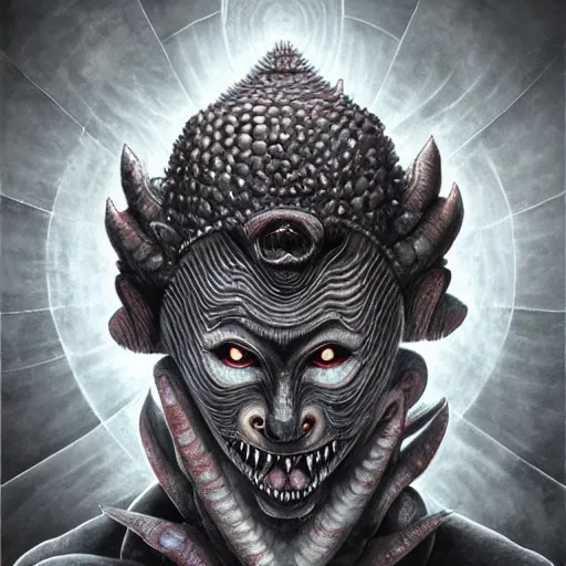 Image similar to naraka buddhist demon korean female, angry female alien, shark teeth, tubular creature, blood vessels, no face, dystopian surrealism, alex ries zdzisław beksinski, symmetrical long head, smooth marble surfaces, smooth marble surfaces, detailed ink illustration, detailed ink illustration, raiden metal gear, cinematic smooth stone, deep aesthetic