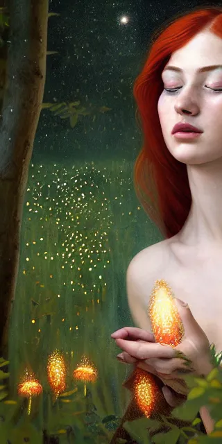 Prompt: young woman, smiling amazed of firefly lights, full covering intricate detailed dress, amidst nature, long red hair, precise linework, accurate green eyes, small nose with freckles, beautiful oval shape face, empathic, expressive emotions, dramatic lights, hyper realistic ultrafine art by artemisia gentileschi, jessica rossier, boris vallejo