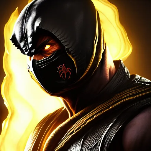 Prompt: Portrait of Scorpion from Mortal Kombat 11, anger, mystery, fear, highly detailed, ominous vibe, smoke, octane render, cgsociety, artstation, trending on ArtStation, by Travis Sergio Diaz