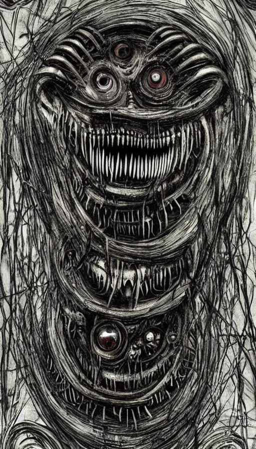 Image similar to a storm vortex made of many demonic eyes and teeth, by hr giger