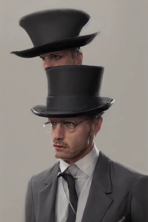 Image similar to a grey hair man with stubble top hat and suit by Greg Rutkowski, painting, portrait, high details, trending on artstation