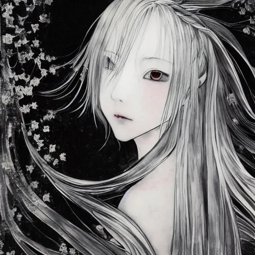 Image similar to yoshitaka amano blurred and dreamy illustration of an anime girl with black eyes, wavy white hair fluttering in the wind wearing elden ring armor and engraving, abstract black and white patterns on the background, noisy film grain effect, highly detailed, renaissance oil painting, weird portrait angle, blurred lost edges, three quarter view