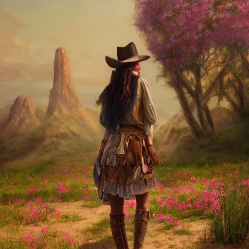 Image similar to a matte painting of the wild west, woman standing, patchy flowers, oil painting, pale colors, high detail, 8 k, wide angle, trending on artstation,